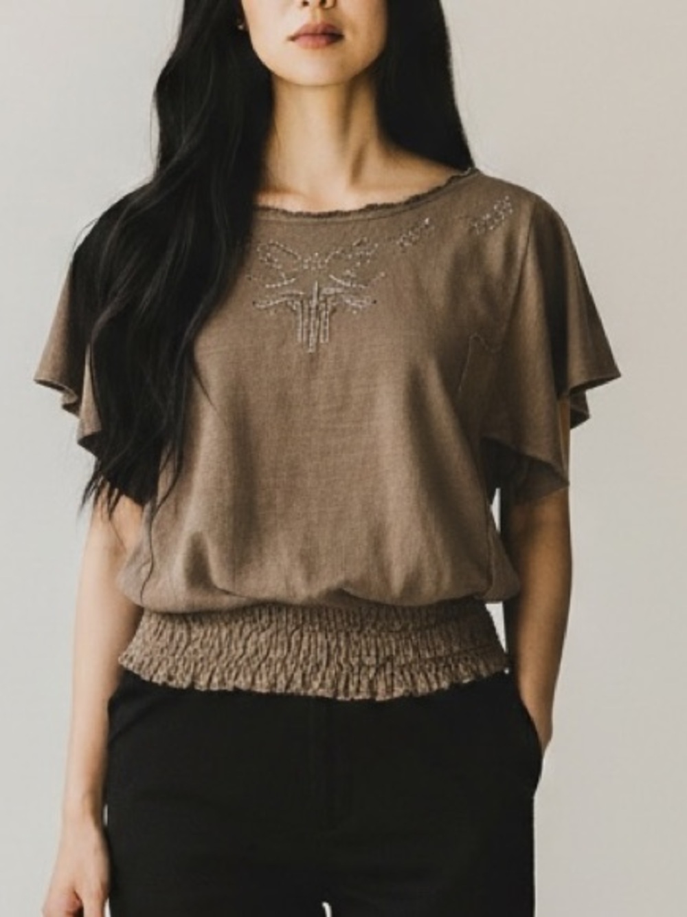 Free People Smocked Waist Beaded Boho Top Brown